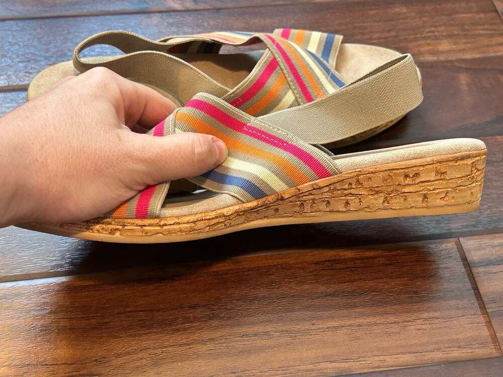 Charleston Shoe Co. Atlantic Stripe Elastic Cross-Strap Wedge Sandals Resort - Picture 10 of 15